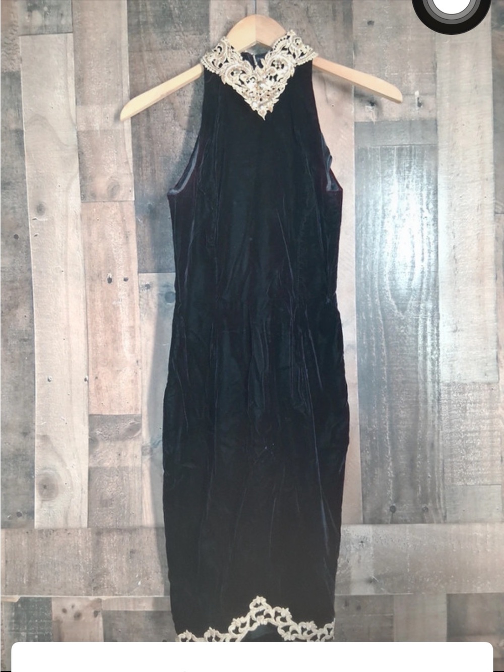Vintage Jessica McClintock Black Velvet Midi Dress with Gold Lace Accents